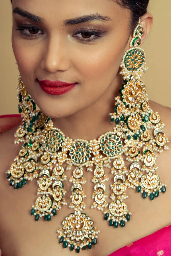 Statement Green And Gold Emerald Drops Chandbali Earrings