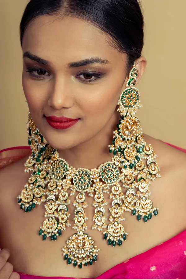 Statement Green And Gold Emerald Drops Chandbali Earrings