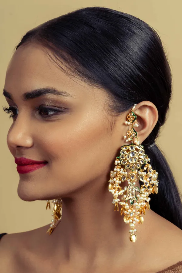 Statement Gold Pipalpatti Kundan Chandbali Earrings
