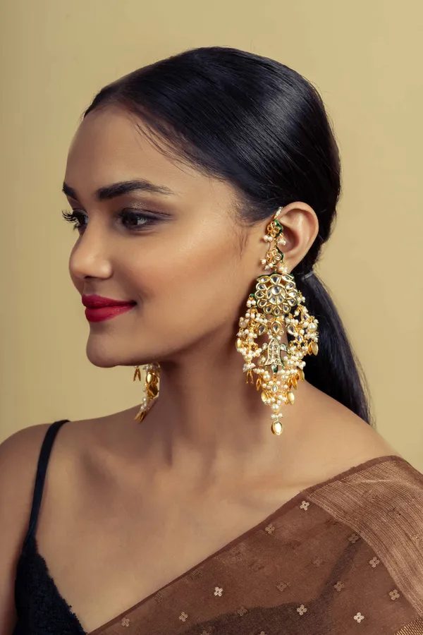 Statement Gold Pipalpatti Kundan Chandbali Earrings