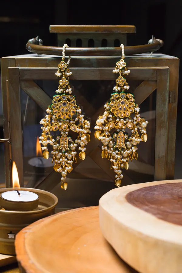 Statement Gold Pipalpatti Kundan Chandbali Earrings