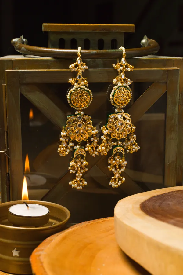 Gold And Green Kundan Chand Earrings