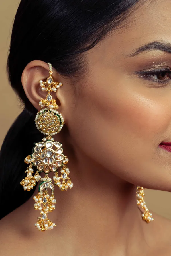 Gold And Green Kundan Chand Earrings