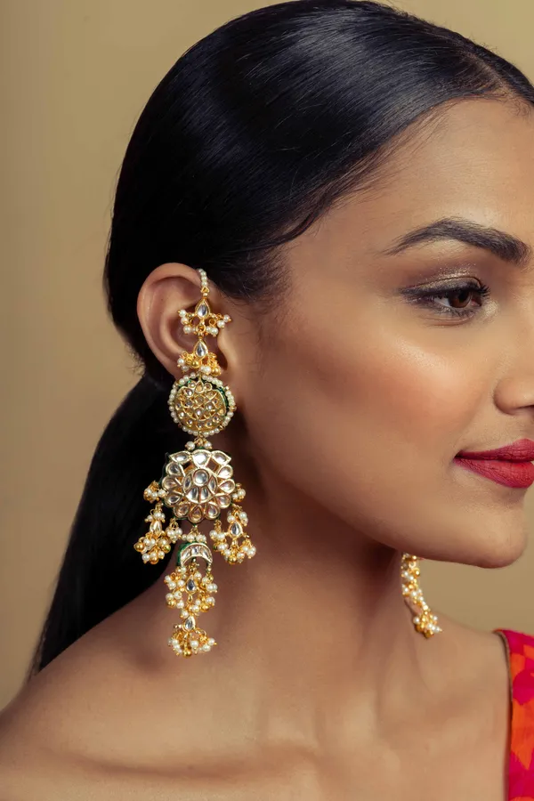 Gold And Green Kundan Chand Earrings