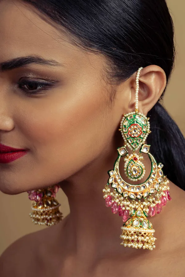 Red And Green Meena Tourmaline Drop Jhumki Earrings