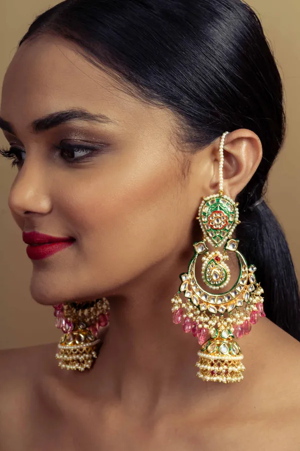 Red And Green Meena Tourmaline Drop Jhumki Earrings