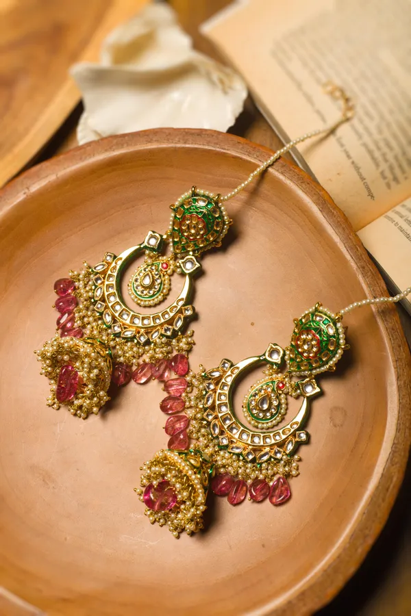 Red And Green Meena Tourmaline Drop Jhumki Earrings