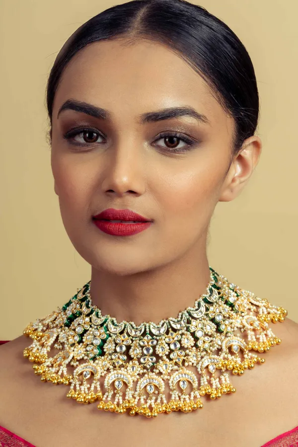 Statement Gold Green Kundan Chand Gold Beads Necklace