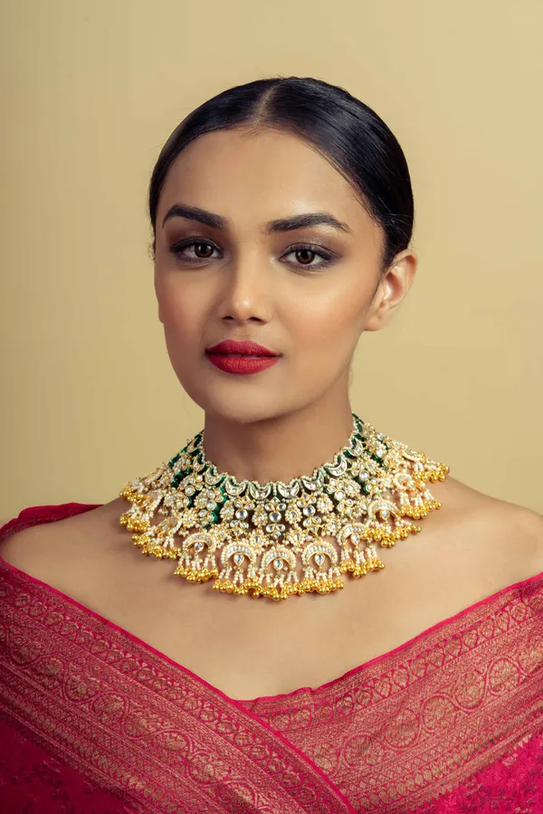 Statement Gold Green Kundan Chand Gold Beads Necklace