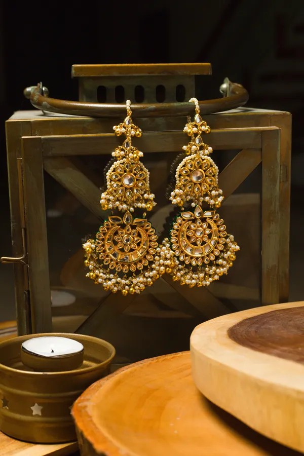 Statement Gold Green Kundan Chand Gold Beads Earrings