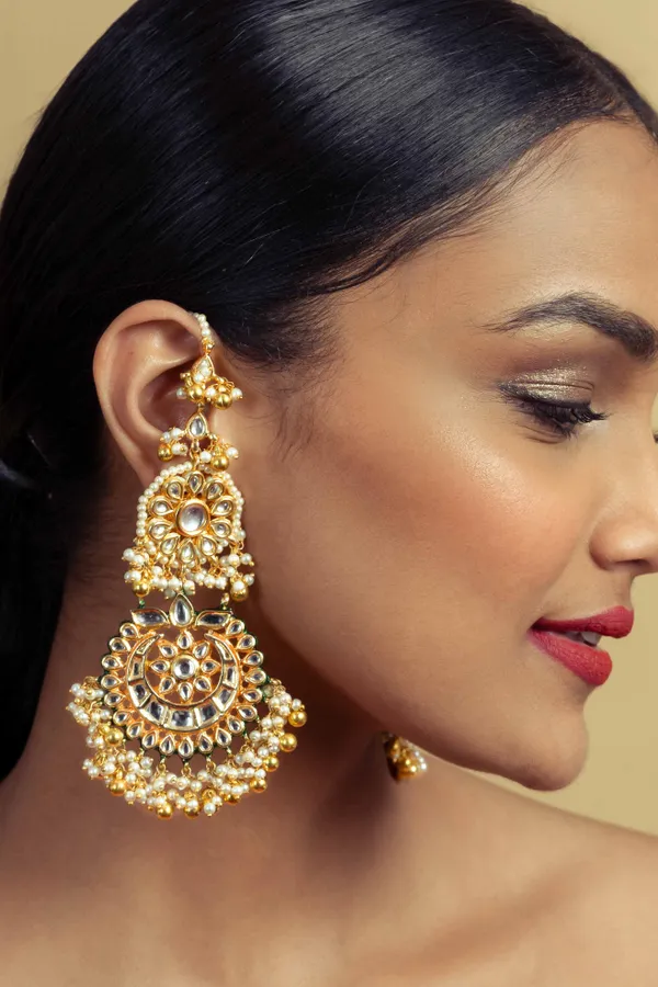 Statement Gold Green Kundan Chand Gold Beads Earrings