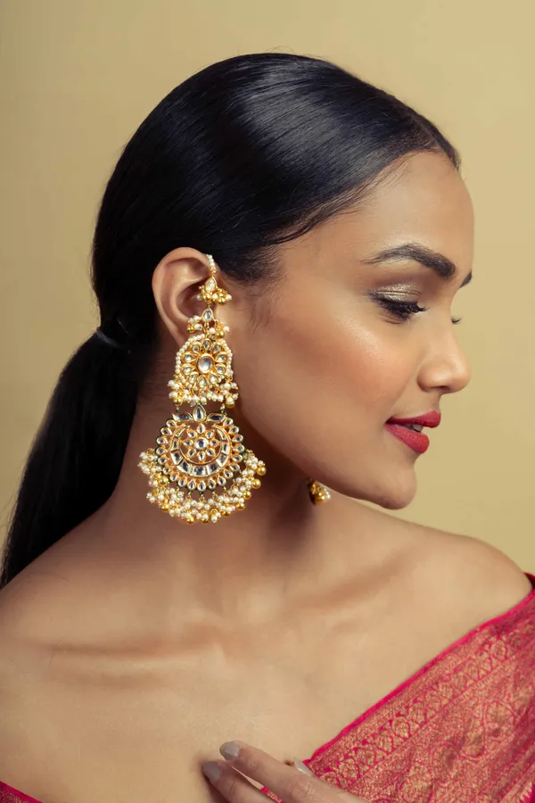 Statement Gold Green Kundan Chand Gold Beads Earrings
