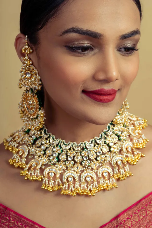 Statement Gold Green Kundan Chand Gold Beads Earrings