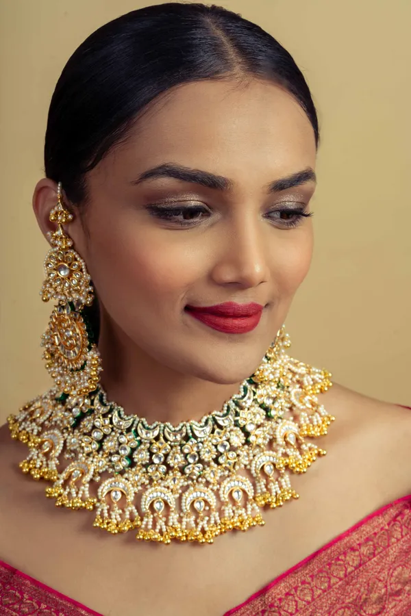Statement Gold Green Kundan Chand Gold Beads Earrings