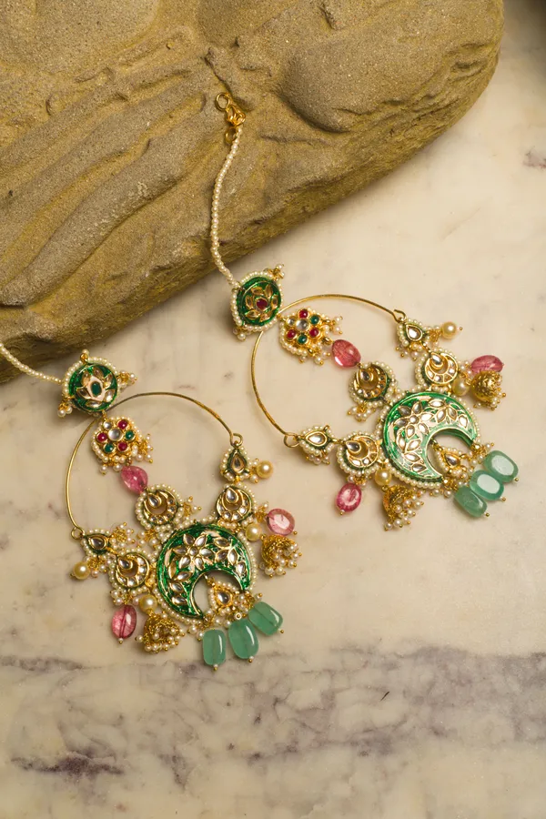 Green Meena Kundan Chandbali With Tourmaline Drops