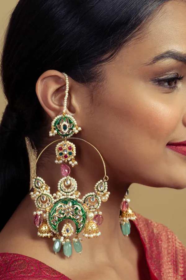 Green Meena Kundan Chandbali With Tourmaline Drops