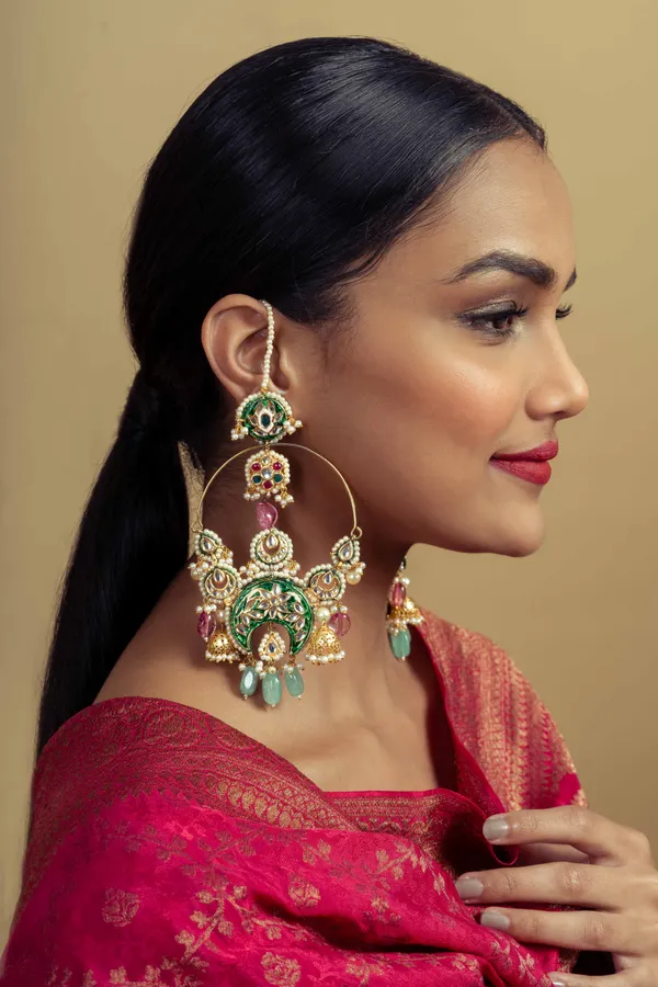 Green Meena Kundan Chandbali With Tourmaline Drops