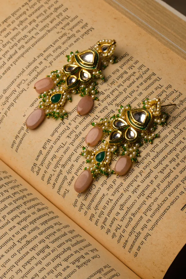 Green And Gold Kundan Earrings With Pink Moonstone
