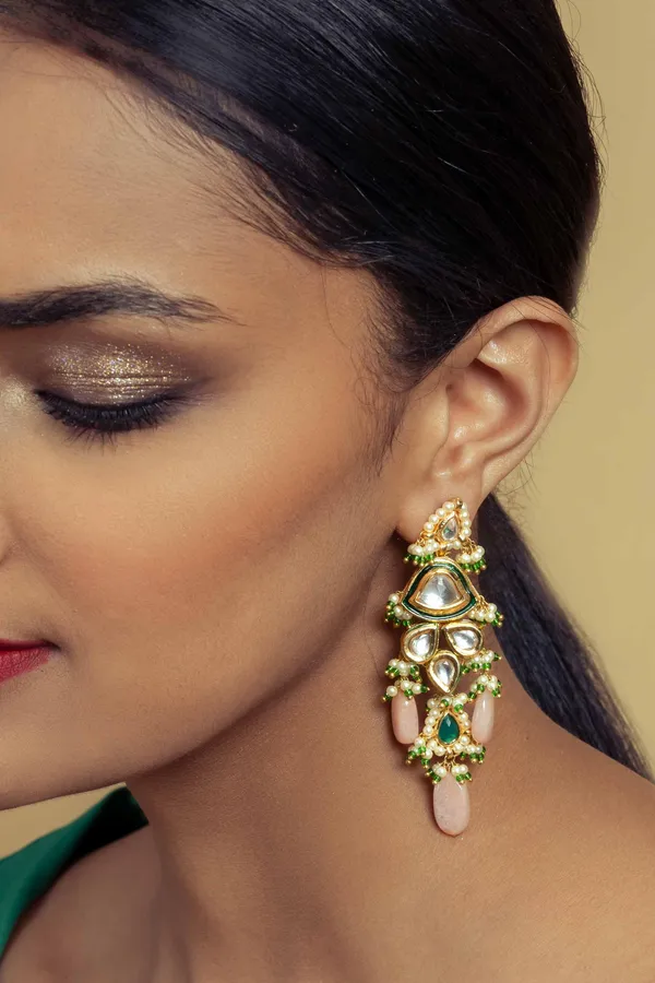 Green And Gold Kundan Earrings With Pink Moonstone