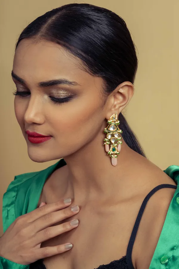 Green And Gold Kundan Earrings With Pink Moonstone