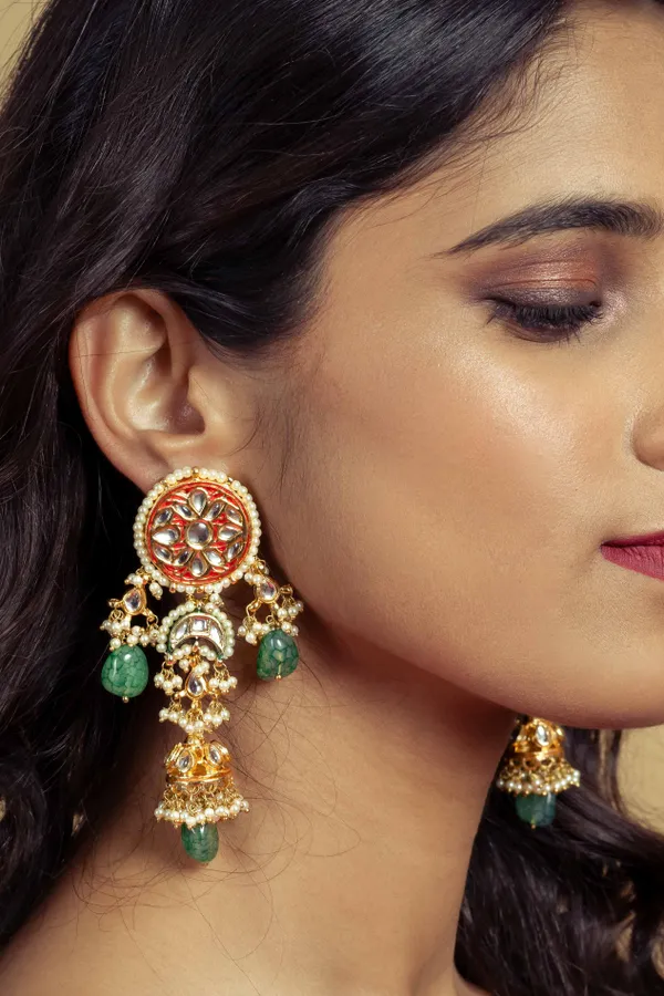 Red Meena Green Drops Kundan Jhumki Earrings
