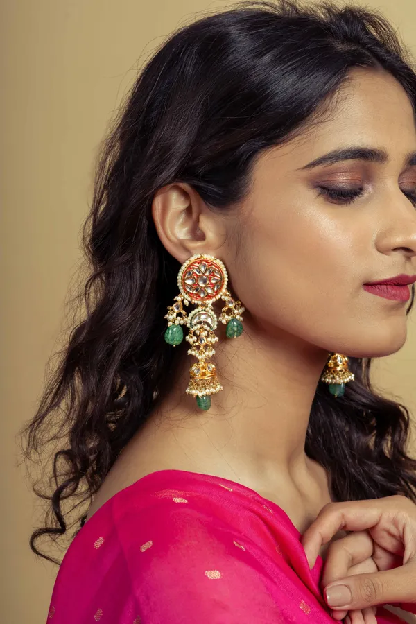 Red Meena Green Drops Kundan Jhumki Earrings