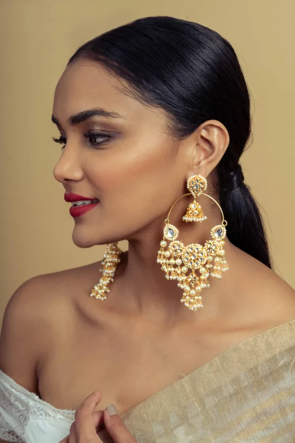 Statement Gold Chandbali With Jhumki & Pearls