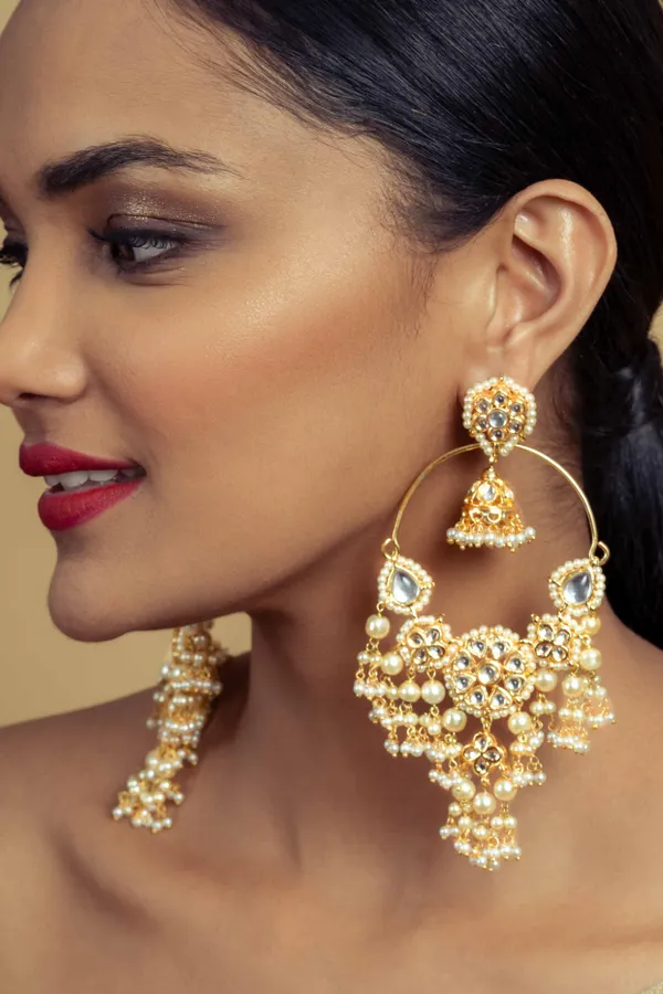 Statement Gold Chandbali With Jhumki & Pearls
