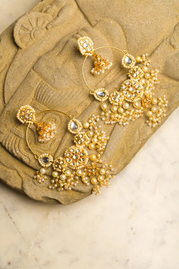 Statement Gold Chandbali With Jhumki & Pearls