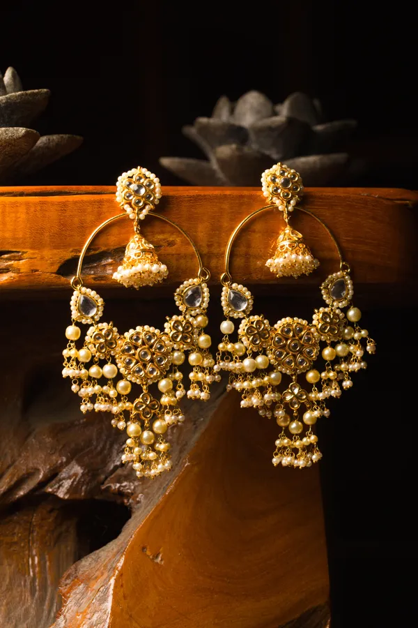 Statement Gold Chandbali With Jhumki & Pearls
