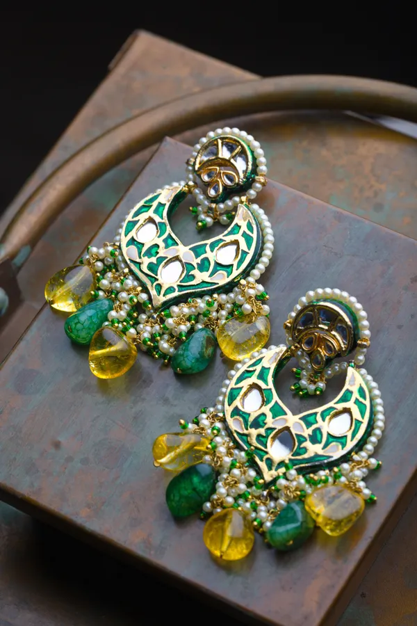 Green Meena Kundan Green & Yellow Drops Earrings