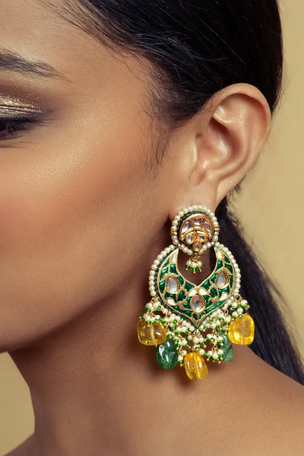 Green Meena Kundan Green & Yellow Drops Earrings
