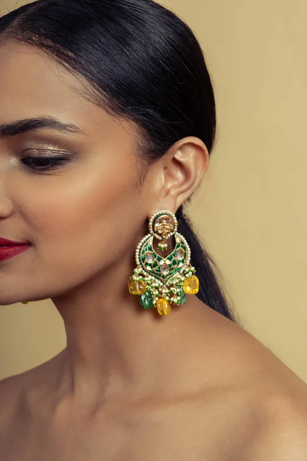 Green Meena Kundan Green & Yellow Drops Earrings