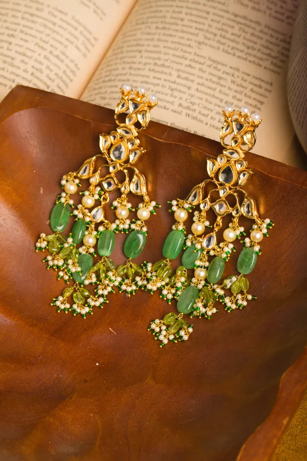 Gold & Green Kundan Earrings With Peridot Drops