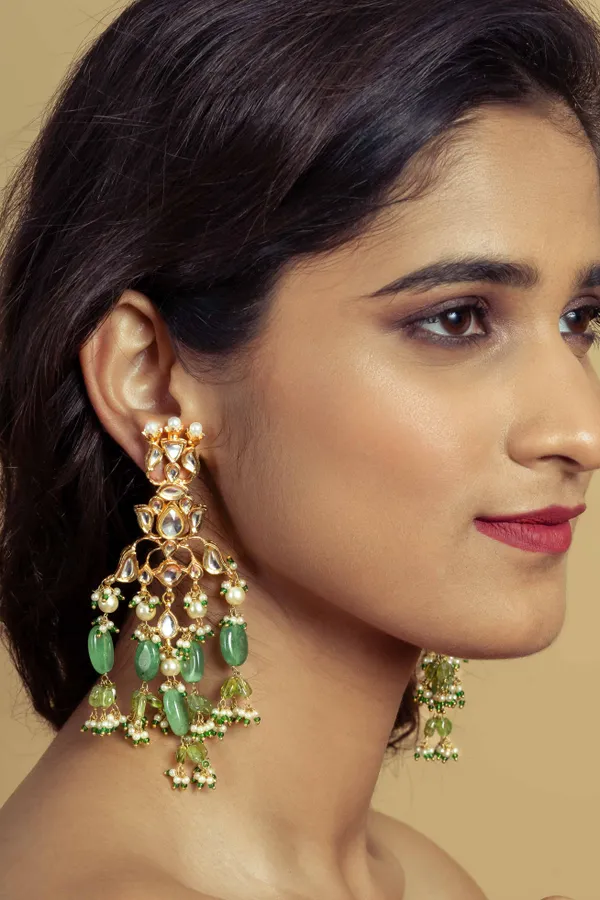 Gold & Green Kundan Earrings With Peridot Drops