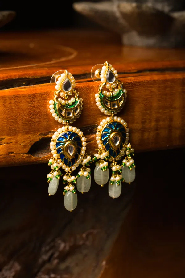 Blue Meenakari Pearl Drop Kundan Earrings