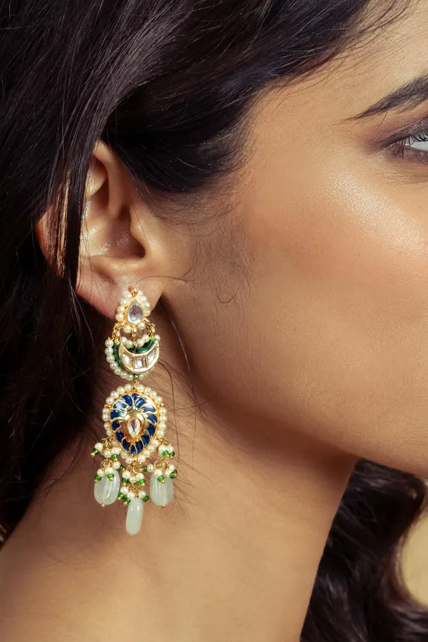 Blue Meenakari Pearl Drop Kundan Earrings
