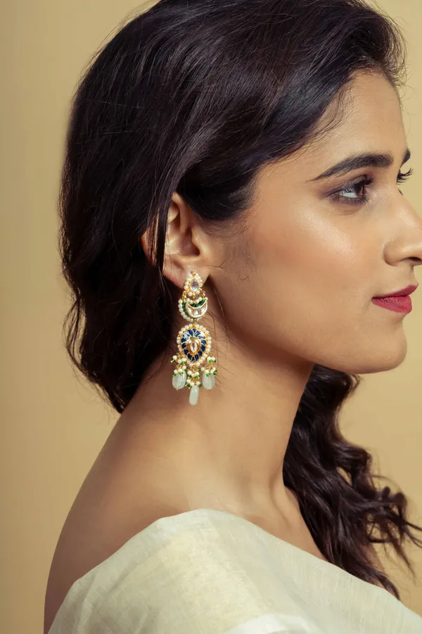 Blue Meenakari Pearl Drop Kundan Earrings
