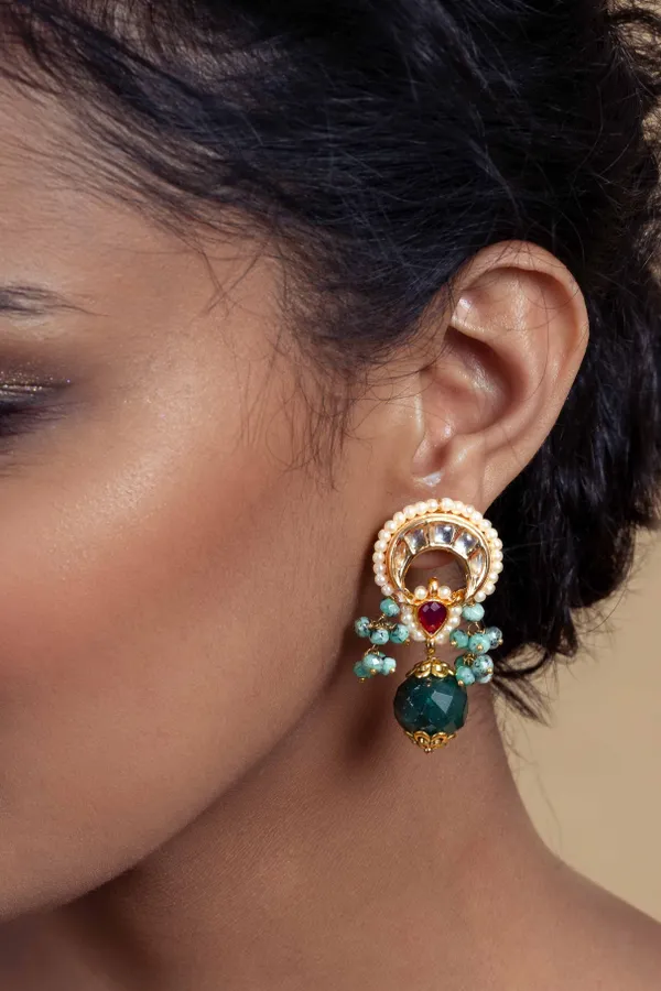 Red Kundan Gold Chand Green Drops Earrings