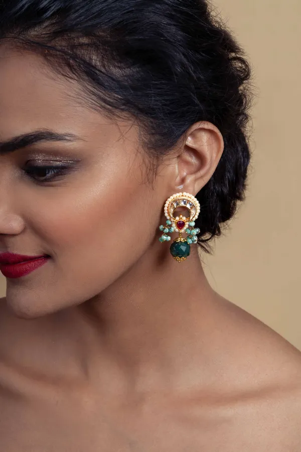 Red Kundan Gold Chand Green Drops Earrings