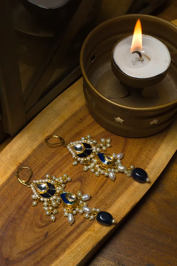 Blue Kundan Pearl Dangler Earrings