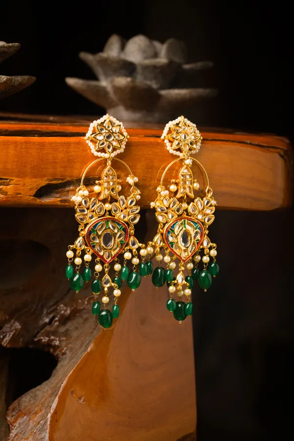 Multi Meena Gold Fish Emerald Drops Earrings