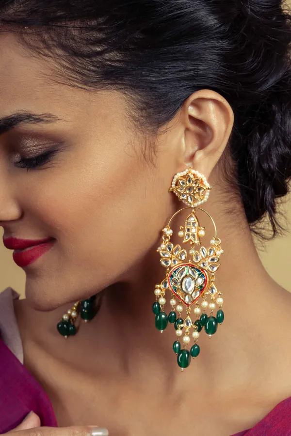 Multi Meena Gold Fish Emerald Drops Earrings