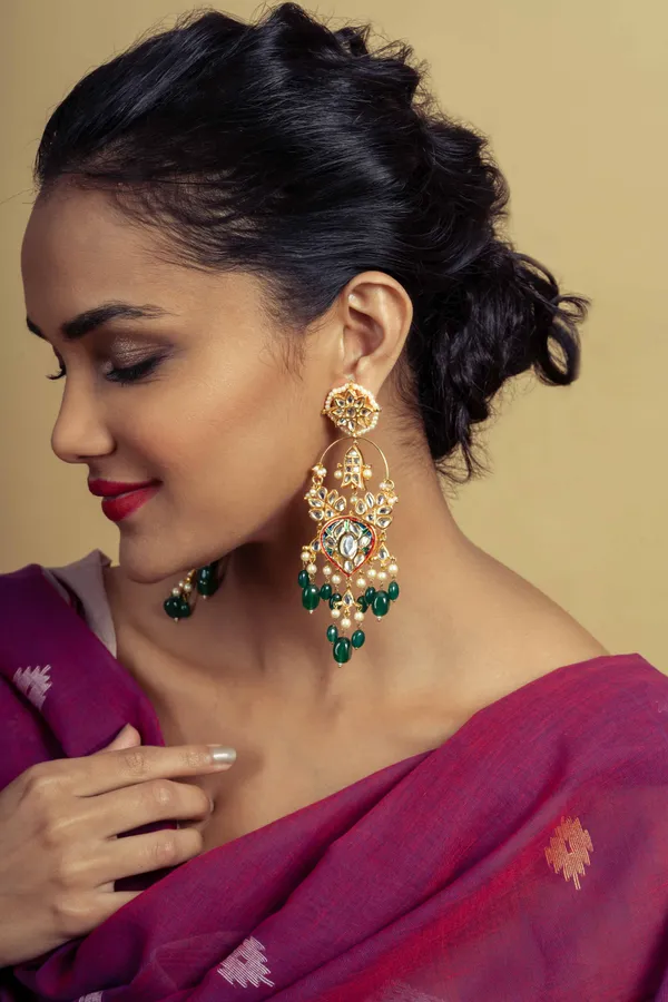 Multi Meena Gold Fish Emerald Drops Earrings