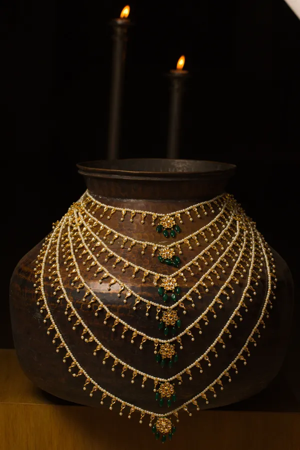 Statement Gold Green Kundan & Pearls Satlada Necklace