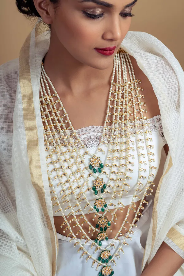 Statement Gold Green Kundan & Pearls Satlada Necklace
