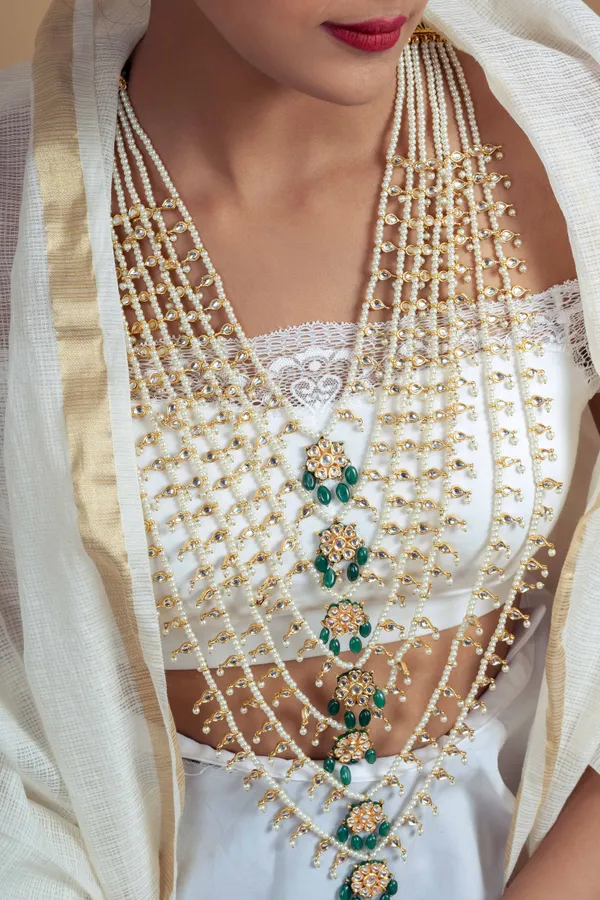 Statement Gold Green Kundan & Pearls Satlada Necklace