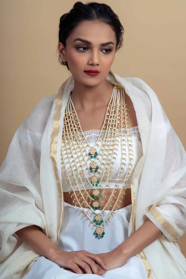 Statement Gold Green Kundan & Pearls Satlada Necklace