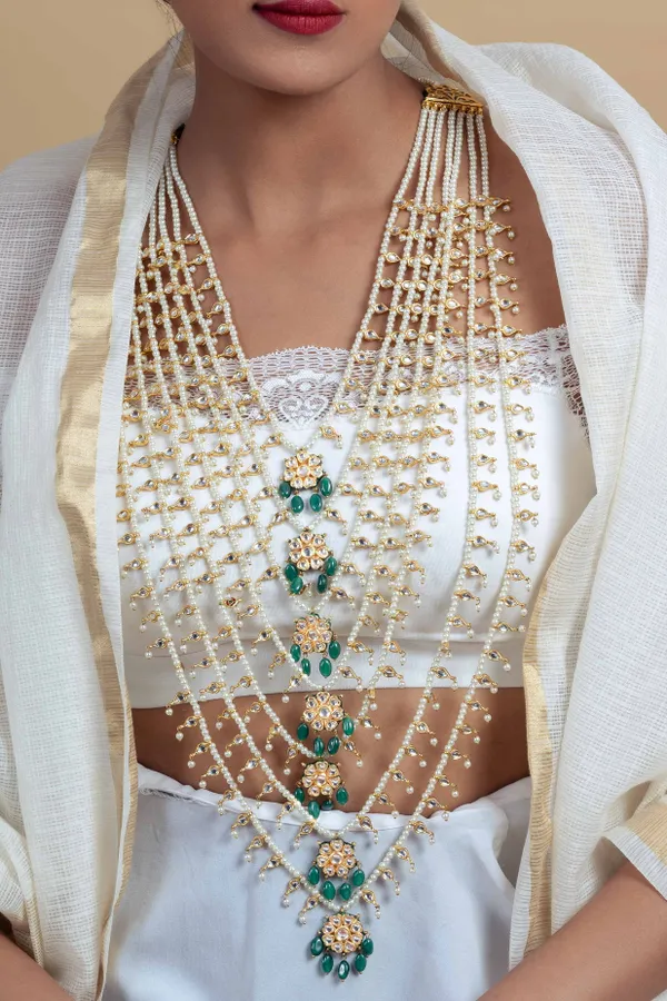 Statement Gold Green Kundan & Pearls Satlada Necklace
