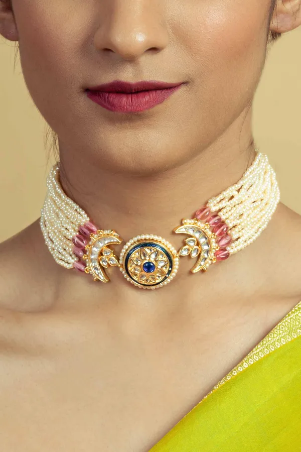 Blue Meenakari Tourmaline & Pearls Choker Necklace